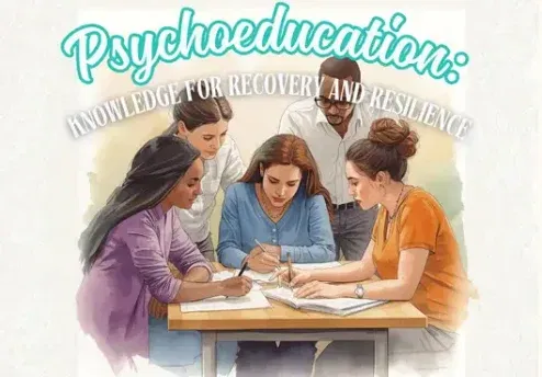 Group of people collaborating and learning together, symbolising psychoeducation and knowledge for recovery and resilience