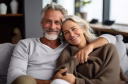 An older couple relaxes together on a sofa at home, embracing and smiling softly, conveying warmth, comfort, and connection.
