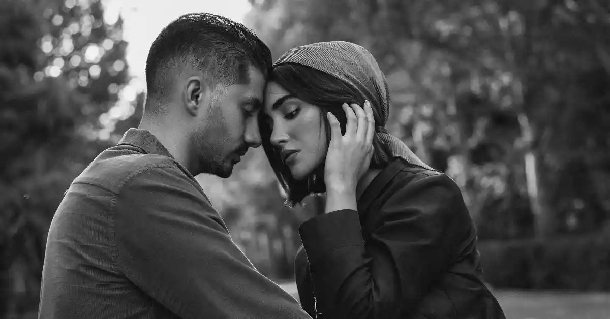 Couple sitting close together after conflict, gently touching foreheads in reconciliation” “Man and woman leaning in, rebuilding trust after an argumen